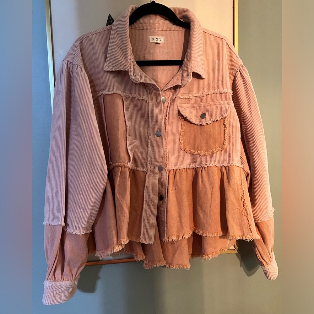 POL Blush Pink Corduroy Tiered Ruffle Utility Jacket